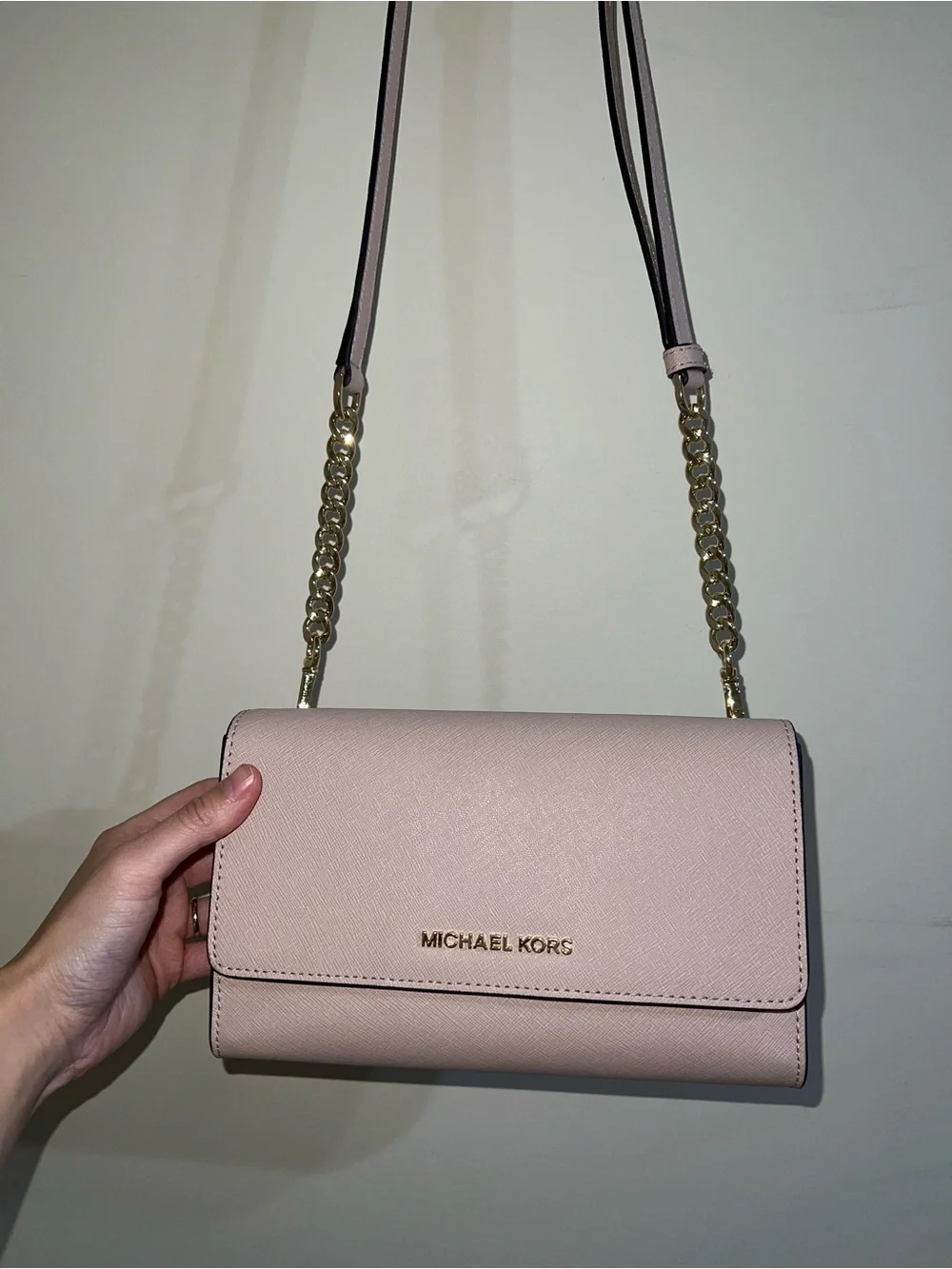 Michael Kors Pale Pink Saffiano Leather Chain Crossbody Wallet